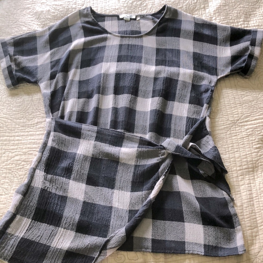 Black tan plaid belted tunic Simply Noelle size L-XL (12-14)